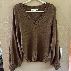 All in Favor Womens Brown textured V-Neck Sweater balloon long sleeves Small